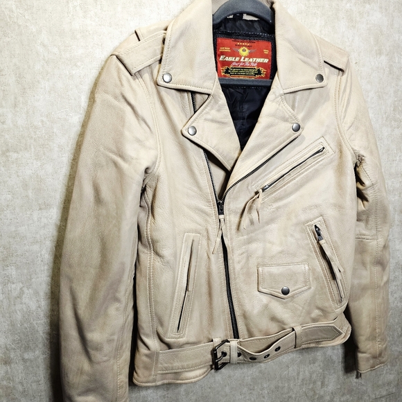 Cream Leather Motorcycle Moto Jacket Eagle Leather - Picture 3 of 12